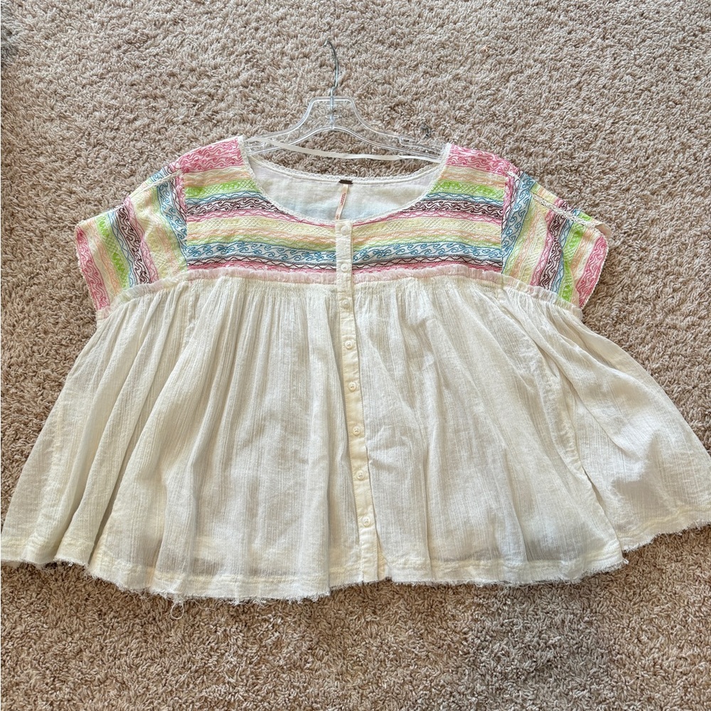 Free People Mirabella Embroidered Crop Top Cream Button Front Large